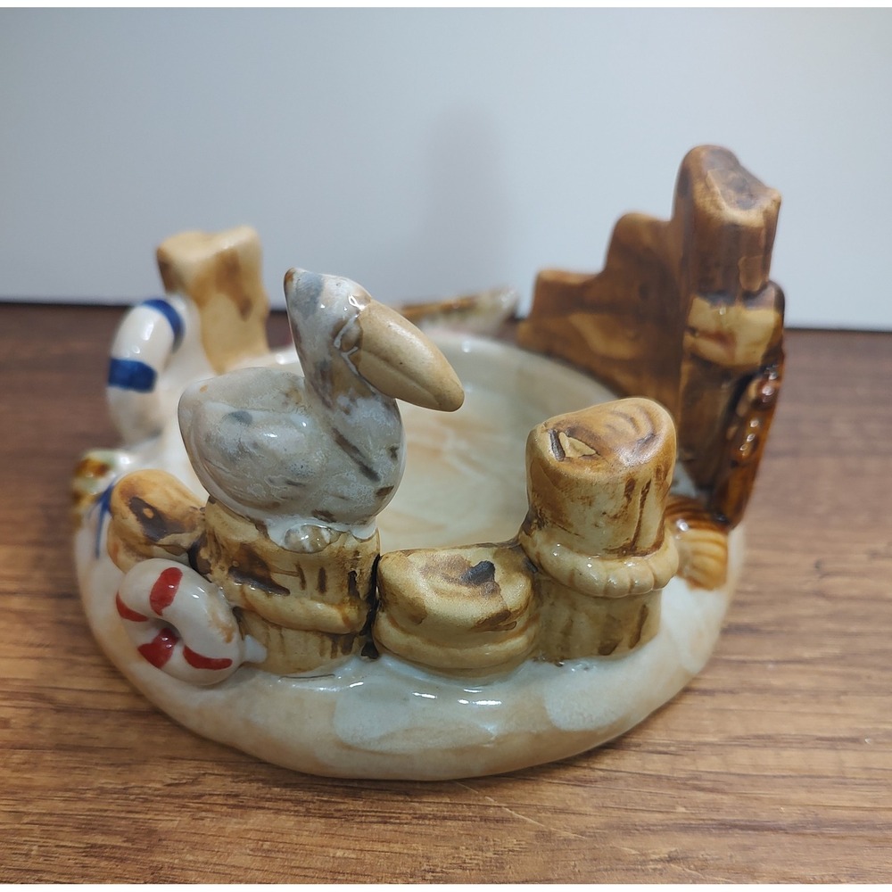 Down By The Pier  Ceramic  Pillar Candle Holder Pelican Beach House Decor